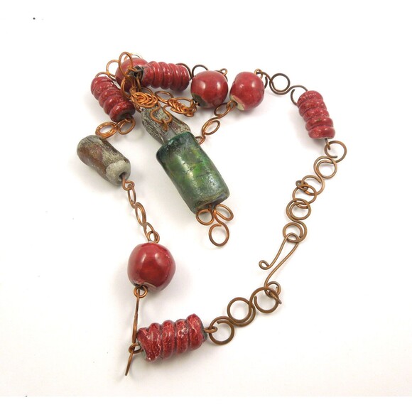 Vintage Rustic Tribal Western Oxidized Cooper Clay Beads Necklace 17" Handcraft - Picture 3 of 11